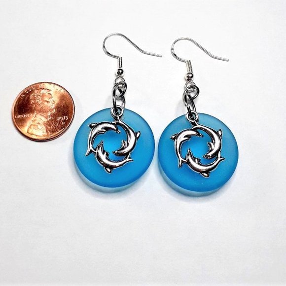 Blue Sea Glass Dolphin Earrings - Picture 2 of 3